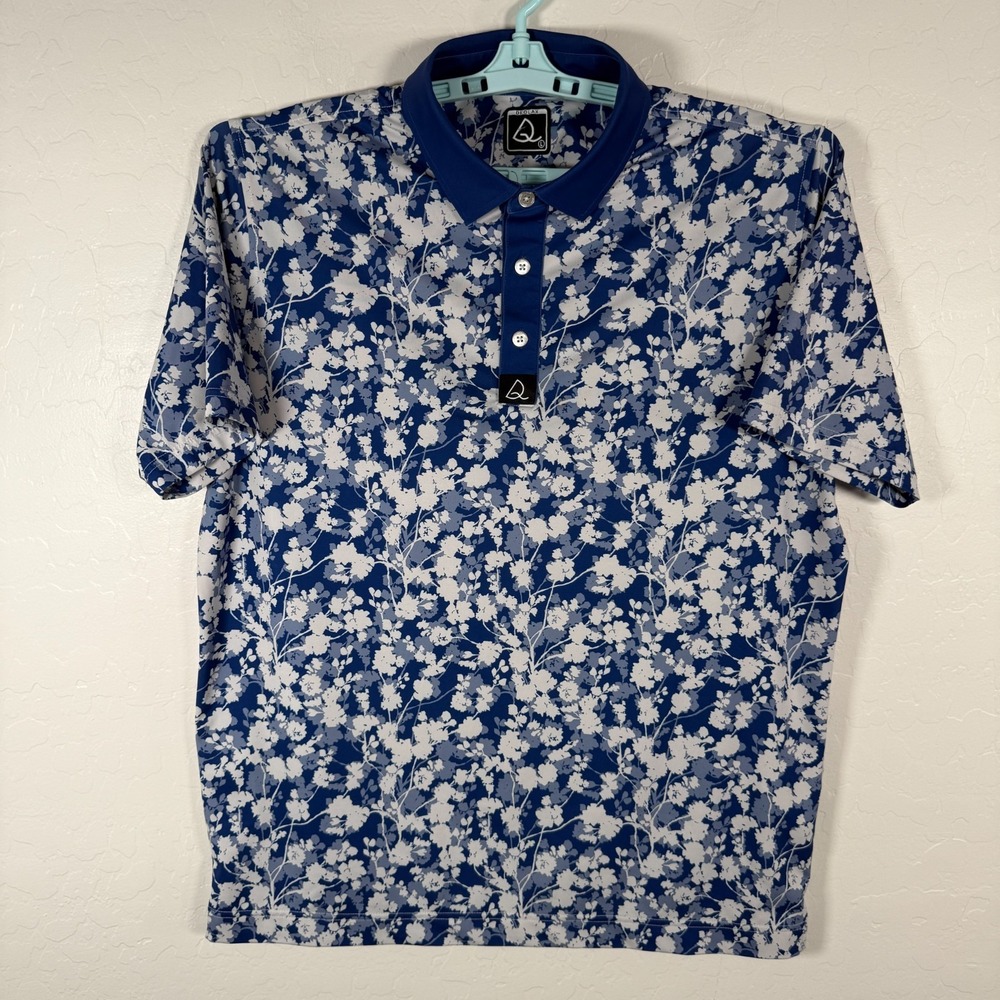 Deolax Polo Shirt Mens Large Blue White Golf Performance Stretch Floral‎ Print - Picture 2 of 8